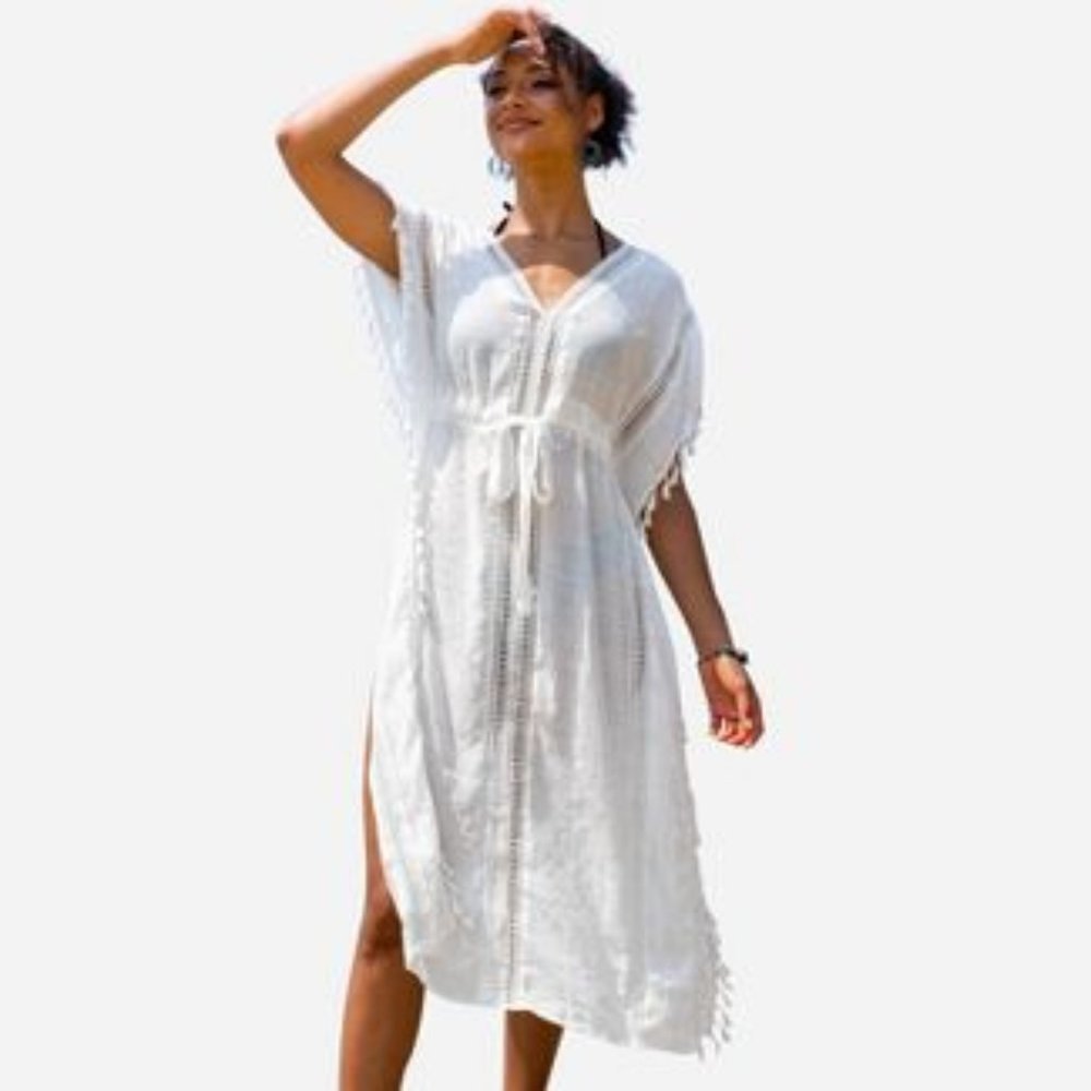 Women's Cover Up Tassel Trim Belted Side Split Midi Length Beachwear